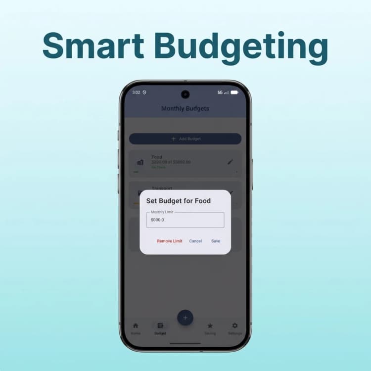 Smart Budgeting — Set monthly budgets per category and stay on track. Get a clear view of how much you've spent versus your limits.